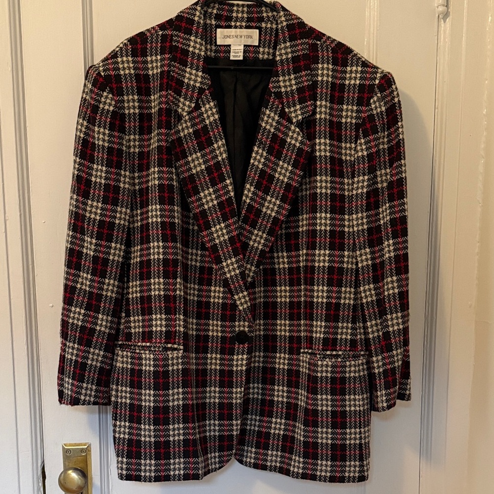 Vintage Oversized Women’s Checked Blazer - Red, Black, and White